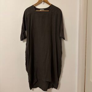 Black Crane Cocoon Oversized Short Sleeve Brown Linen Midi Dress | Size XS